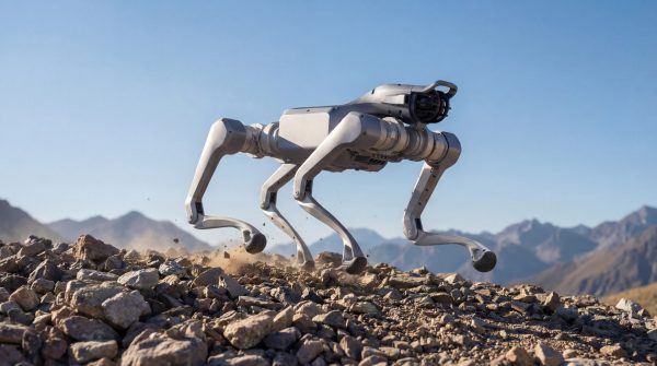 Unitree AS2 im Lauf über Geröll Unitree AS2 vierbeiniger Industrie-Roboter im Lauf